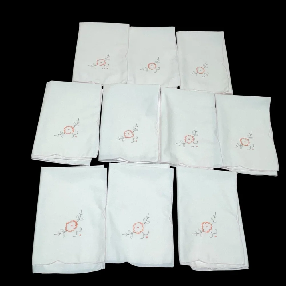 Vtg Set of 10 Embroidered Square Linen Table Napkins Light Pink Shabby Chic READ